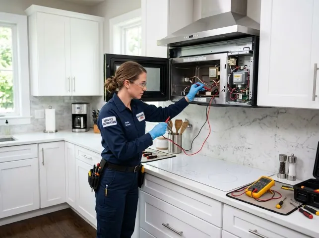 Appliance Repair Hero technician testing an over-the-range microwave in a Bruce, SD kitchen